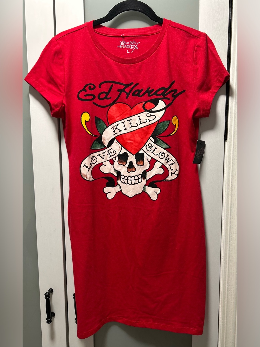 NWT Ed Hardy Shirt Dress Juniors Women's Large Red Skull Love Kills Slowly.